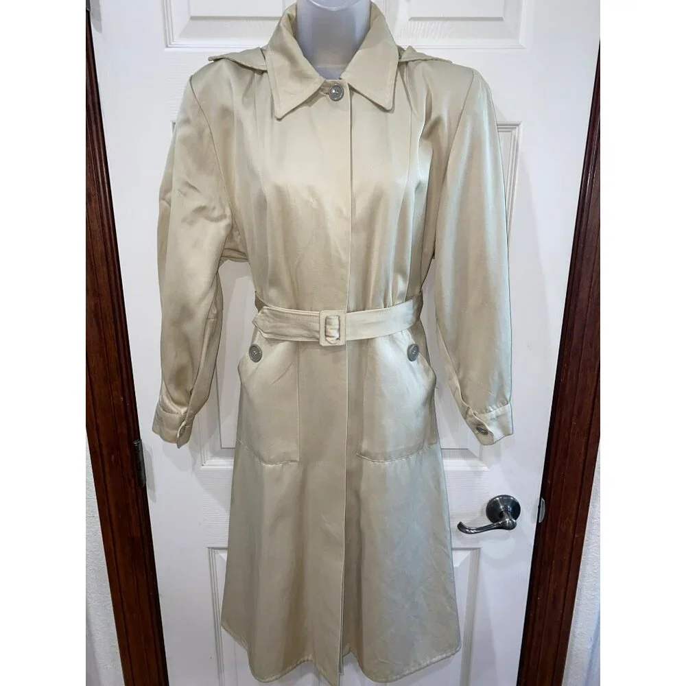 Vintage 70’s Beige Button-Up Trench Dress Coat With Belt & Pockets For Women Siz